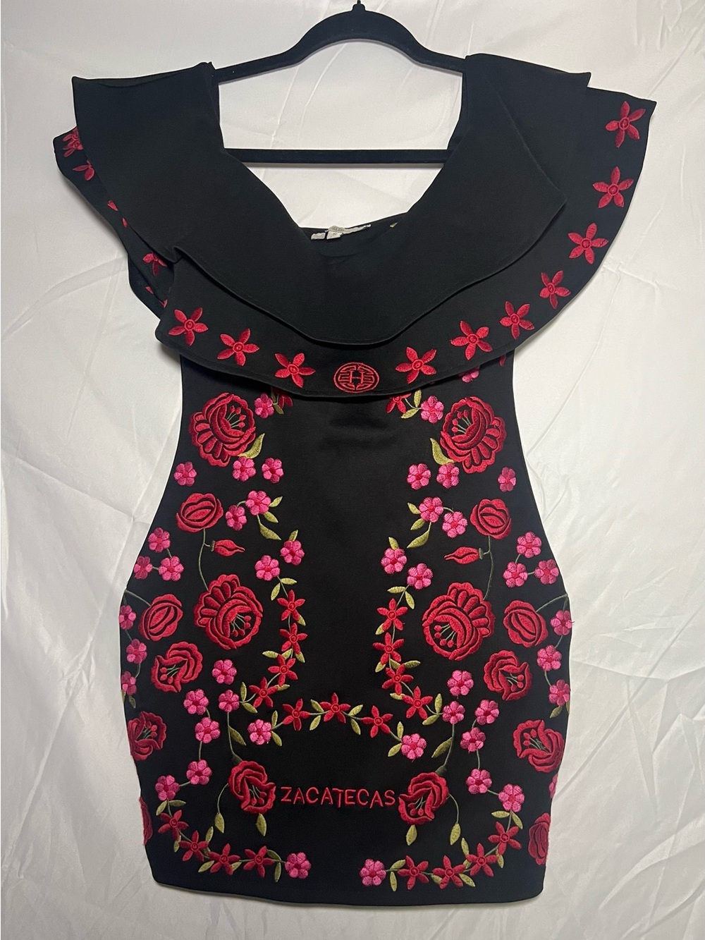 Black Mini Dress with Pink & Red Floral Embroidery